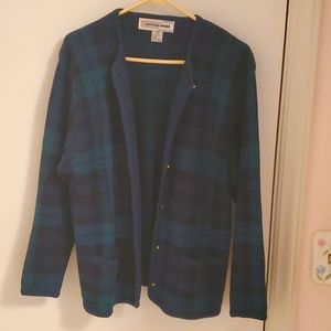 Blue and green cardigan sweater